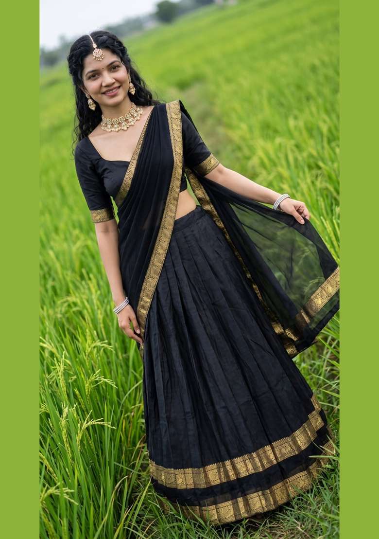 Black Zari Work Cotton Lehenga Set - Indya