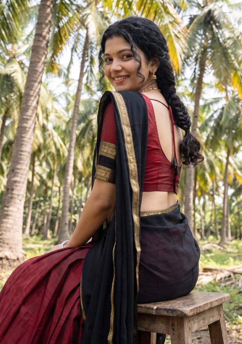 Black Zari Work Cotton Lehenga Set - Indya