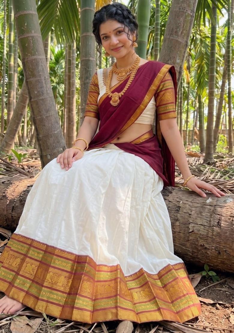 Maroon Zari Work Cotton Lehenga Set - Indya