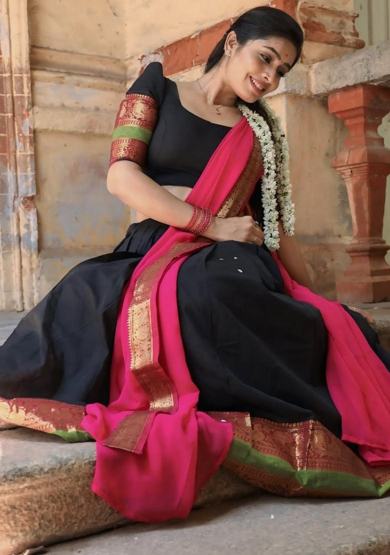 Black Zari Work Cotton Lehenga Set - Indya