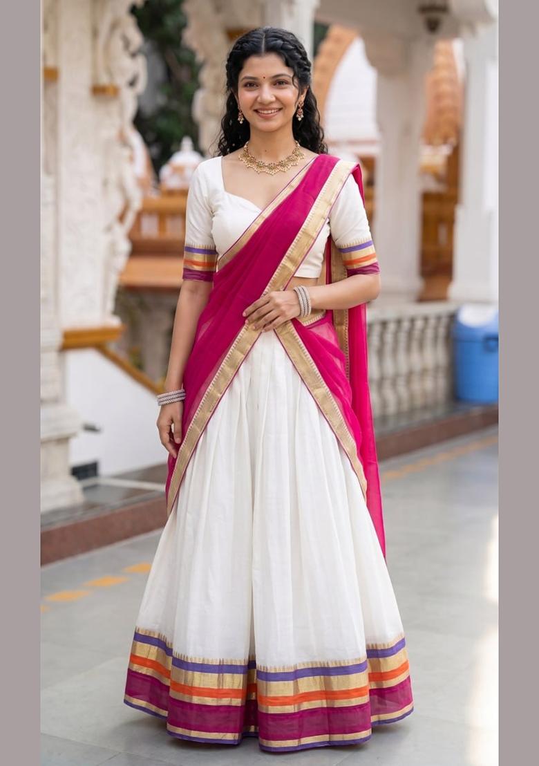 Pink Zari Work Cotton Lehenga Set - Indya
