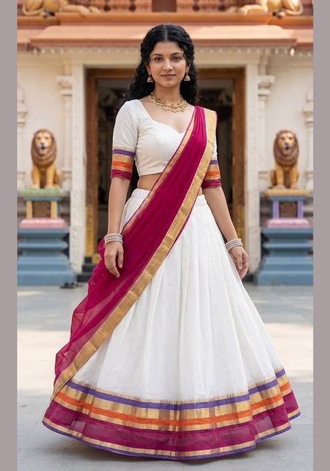 Pink Zari Work Cotton Lehenga Set