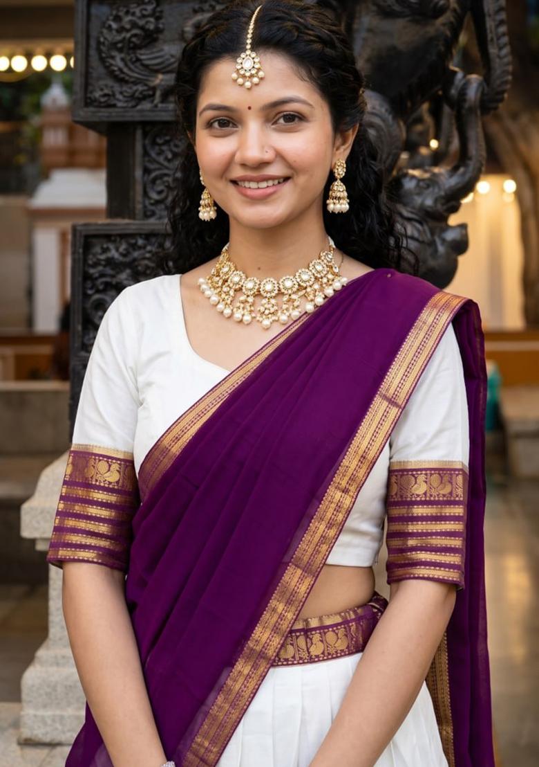 Purple Zari Work Cotton Lehenga Set - Indya