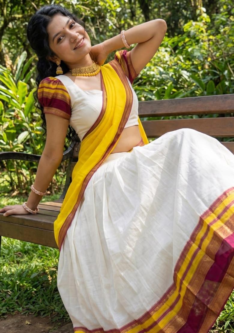 Yellow Zari Work Cotton Lehenga Set - Indya