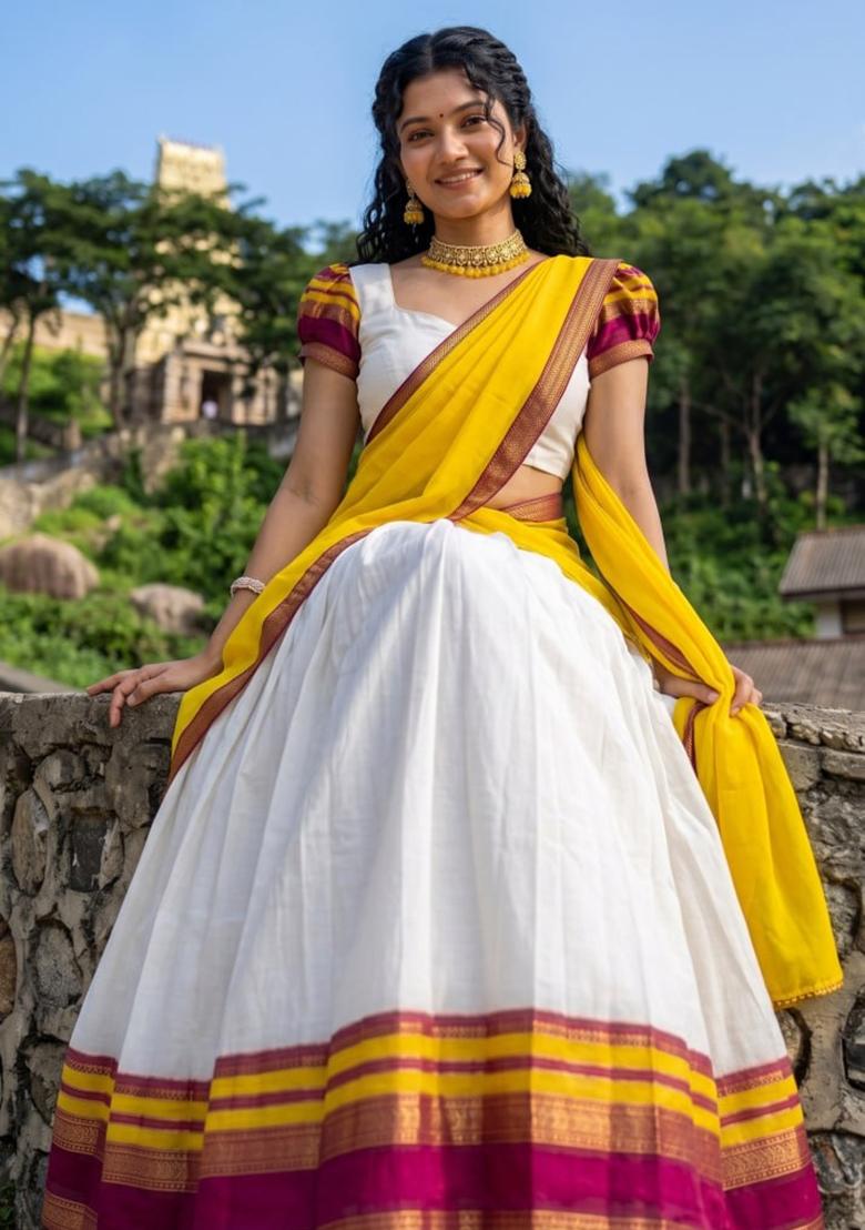 Yellow Zari Work Cotton Lehenga Set - Indya