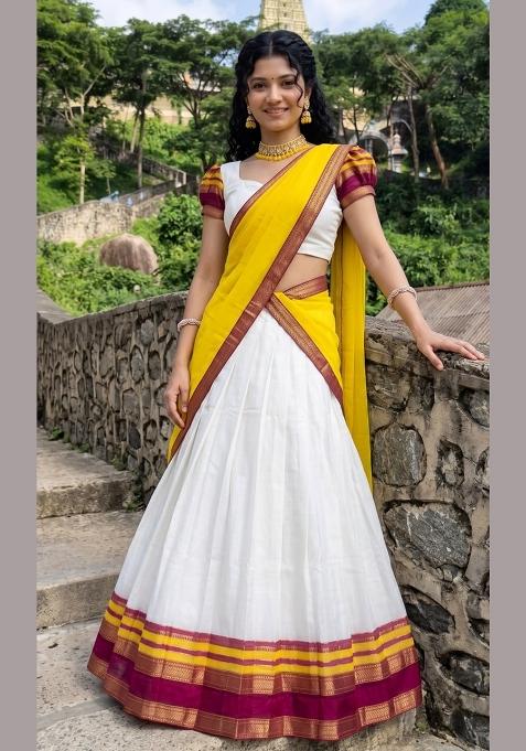 Yellow Zari Work Cotton Lehenga Set