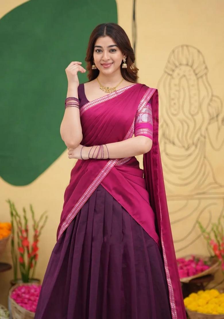 Pink Zari Work Cotton Lehenga Set - Indya