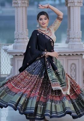 Black Printed Silk Lehenga Set