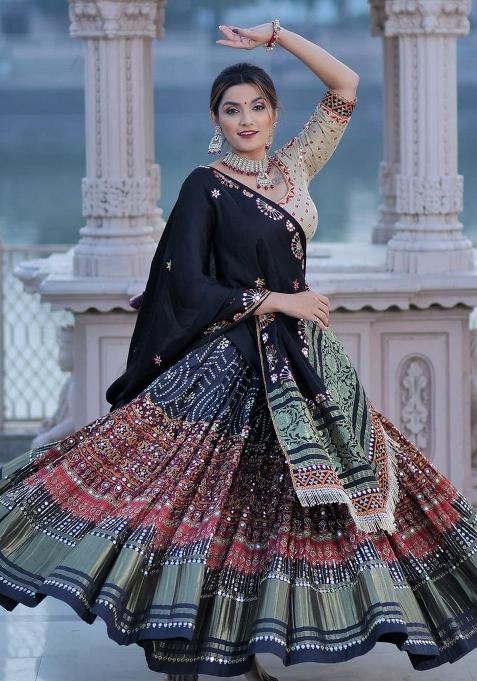 Black Printed Silk Lehenga Set