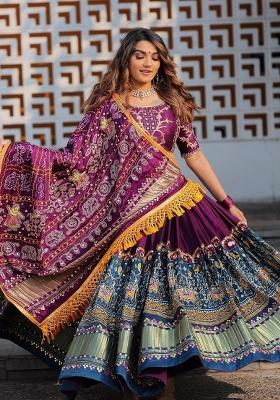 Wine Printed Silk Lehenga Set