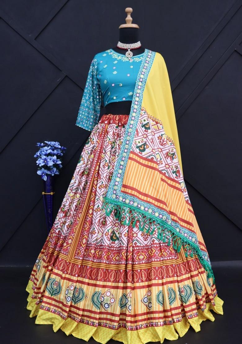 Yellow Printed Silk Lehenga Set - Indya