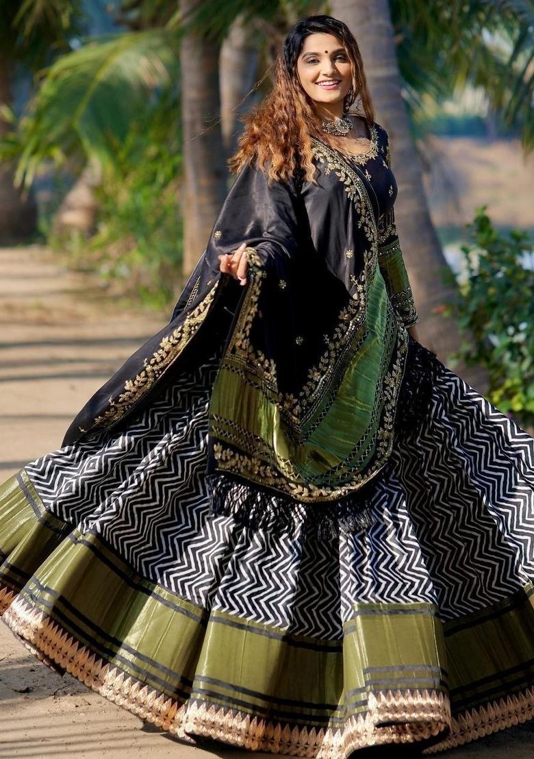 Black Printed Silk Lehenga Set - Indya