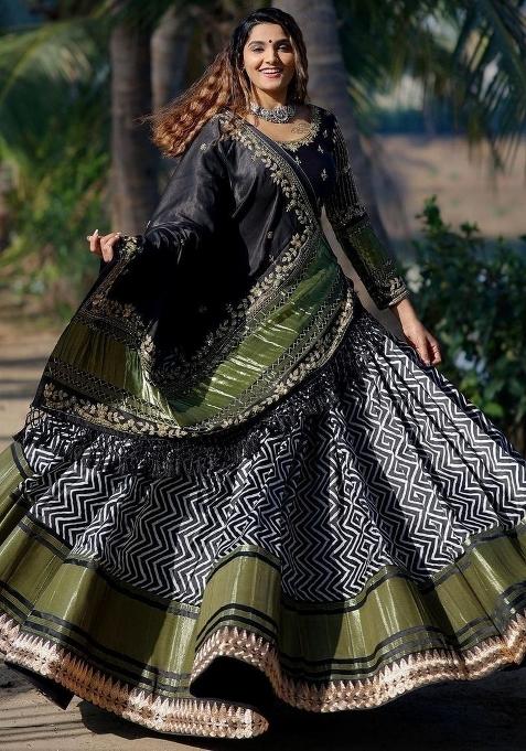 Black Printed Silk Lehenga Set