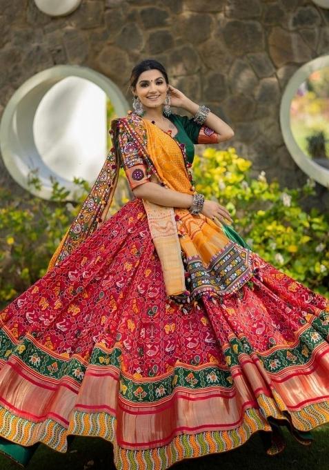 Multicolor Printed Silk Lehenga Set