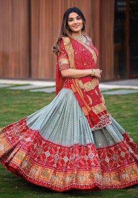 Red Printed Silk Lehenga Set