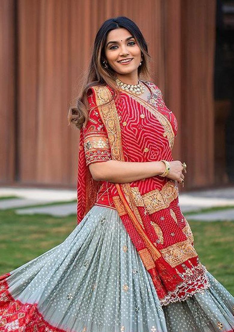 Red Printed Silk Lehenga Set - Indya