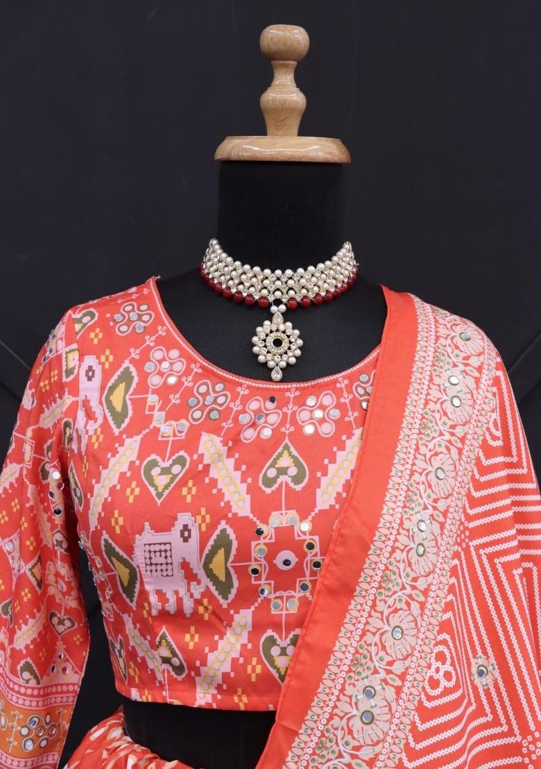 Red Printed Silk Lehenga Set - Indya