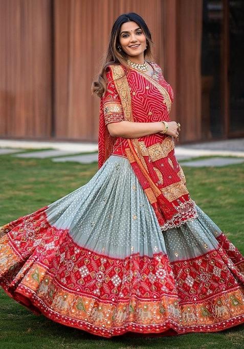 Red Printed Silk Lehenga Set