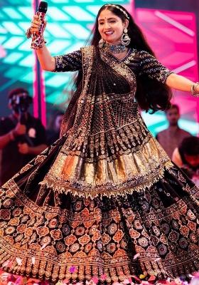 Black Printed Silk Lehenga Set