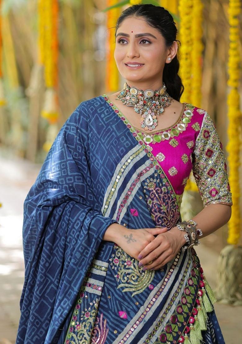 Blue Printed Silk Lehenga Set - Indya