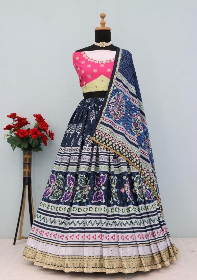 Blue Printed Silk Lehenga Set - Indya