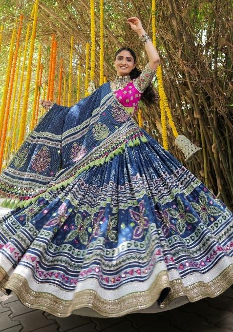 Blue Printed Silk Lehenga Set
