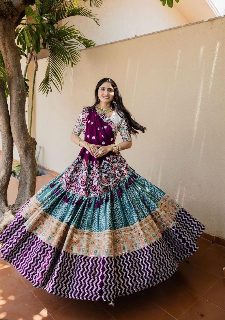 Wine Printed Silk Lehenga Set - Indya