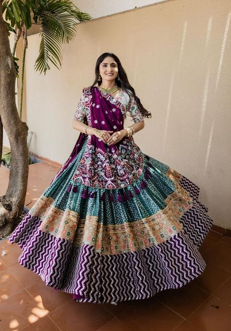 Wine Printed Silk Lehenga Set