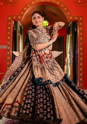 Cream Printed Silk Lehenga Set