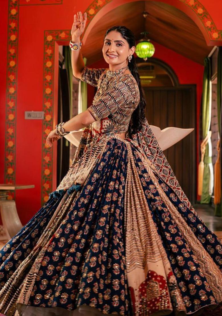 Cream Printed Silk Lehenga Set - Indya