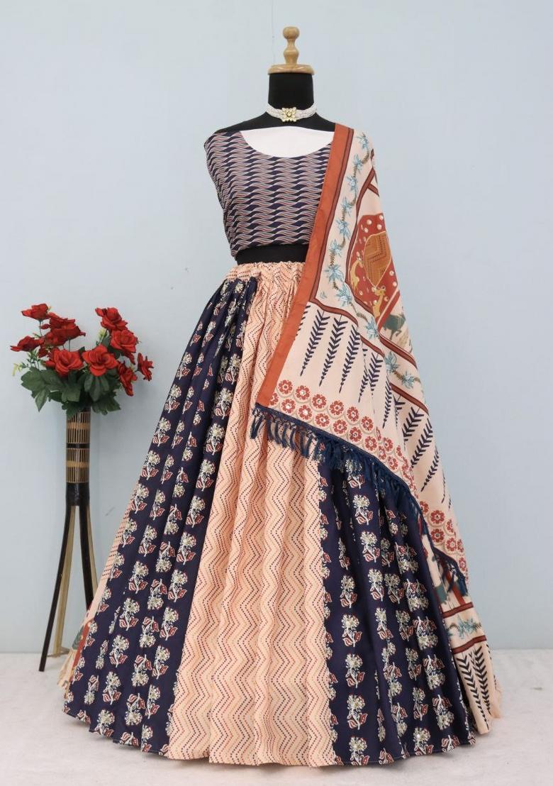 Cream Printed Silk Lehenga Set - Indya