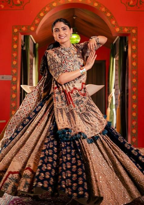 Cream Printed Silk Lehenga Set