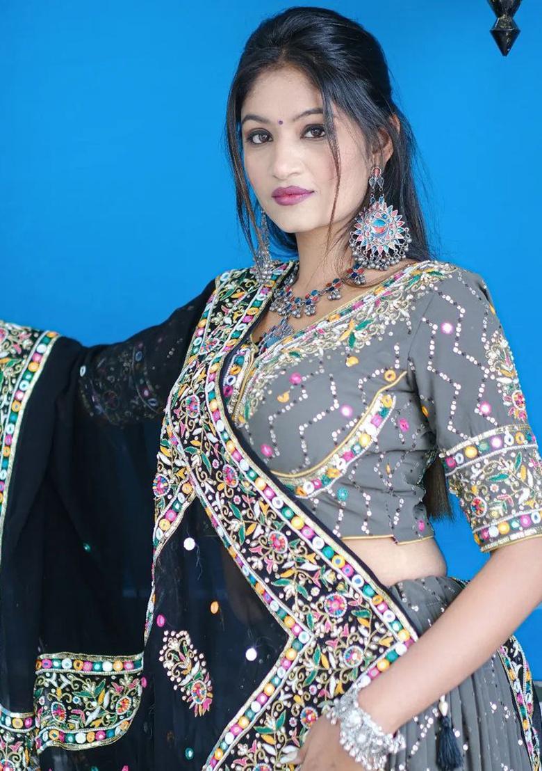 Grey Printed Silk Lehenga Set - Indya