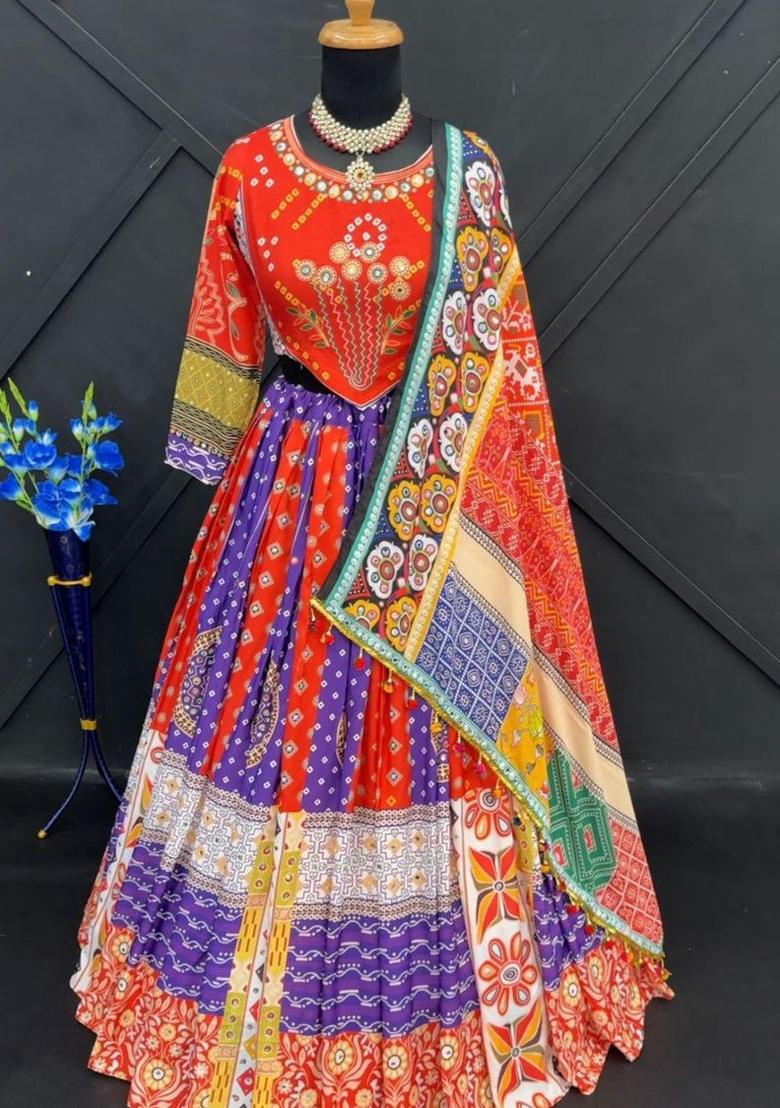 Multicolor Printed Silk Lehenga Set - Indya