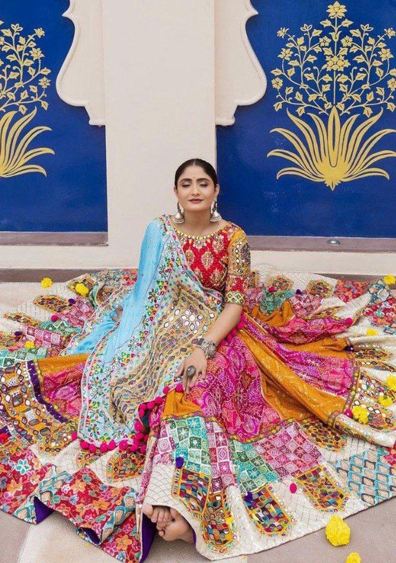 Multicolor Printed Silk Lehenga Set - Indya