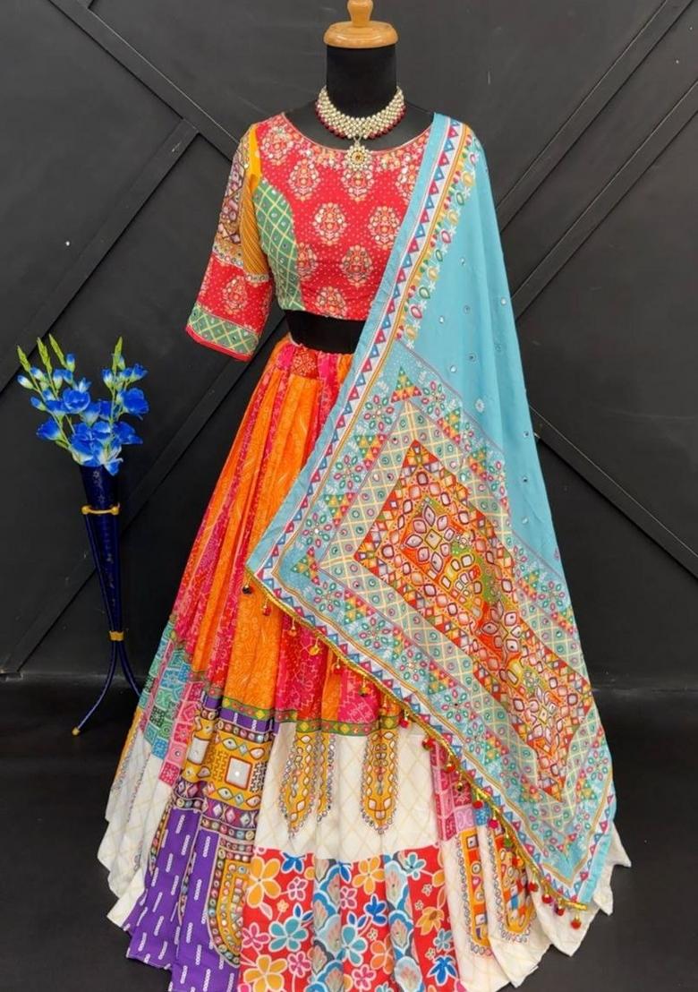 Multicolor Printed Silk Lehenga Set - Indya