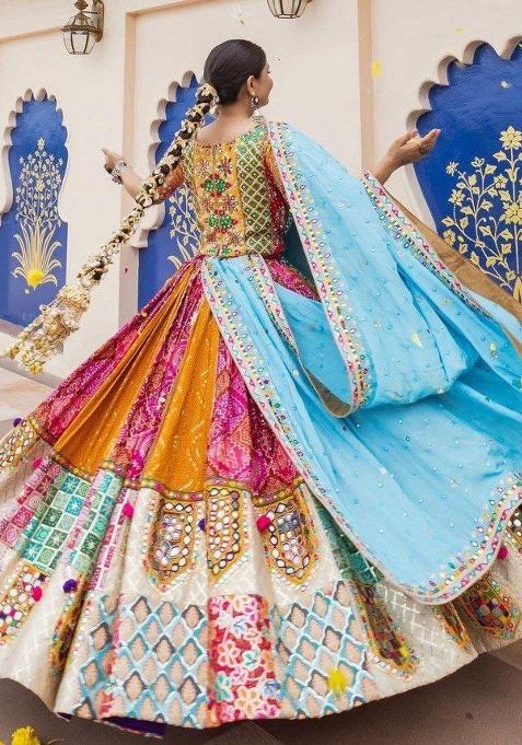 Multicolor Printed Silk Lehenga Set