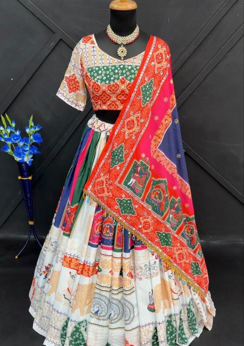 Multicolor Printed Silk Lehenga Set - Indya
