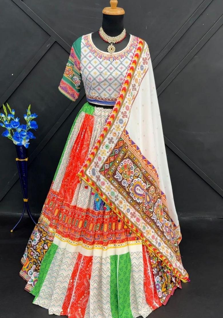 Multicolor Printed Silk Lehenga Set - Indya