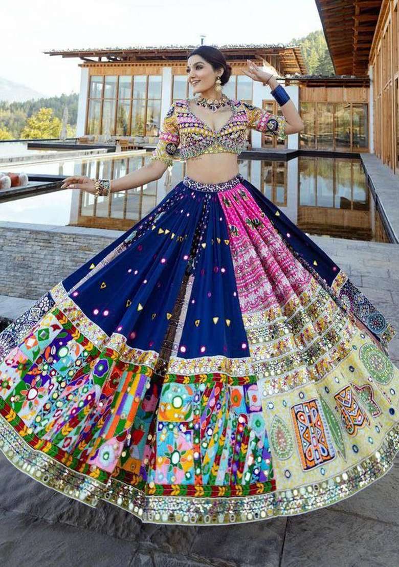Blue Printed Silk Lehenga Set for Diwali and Festive Wear - Indya
