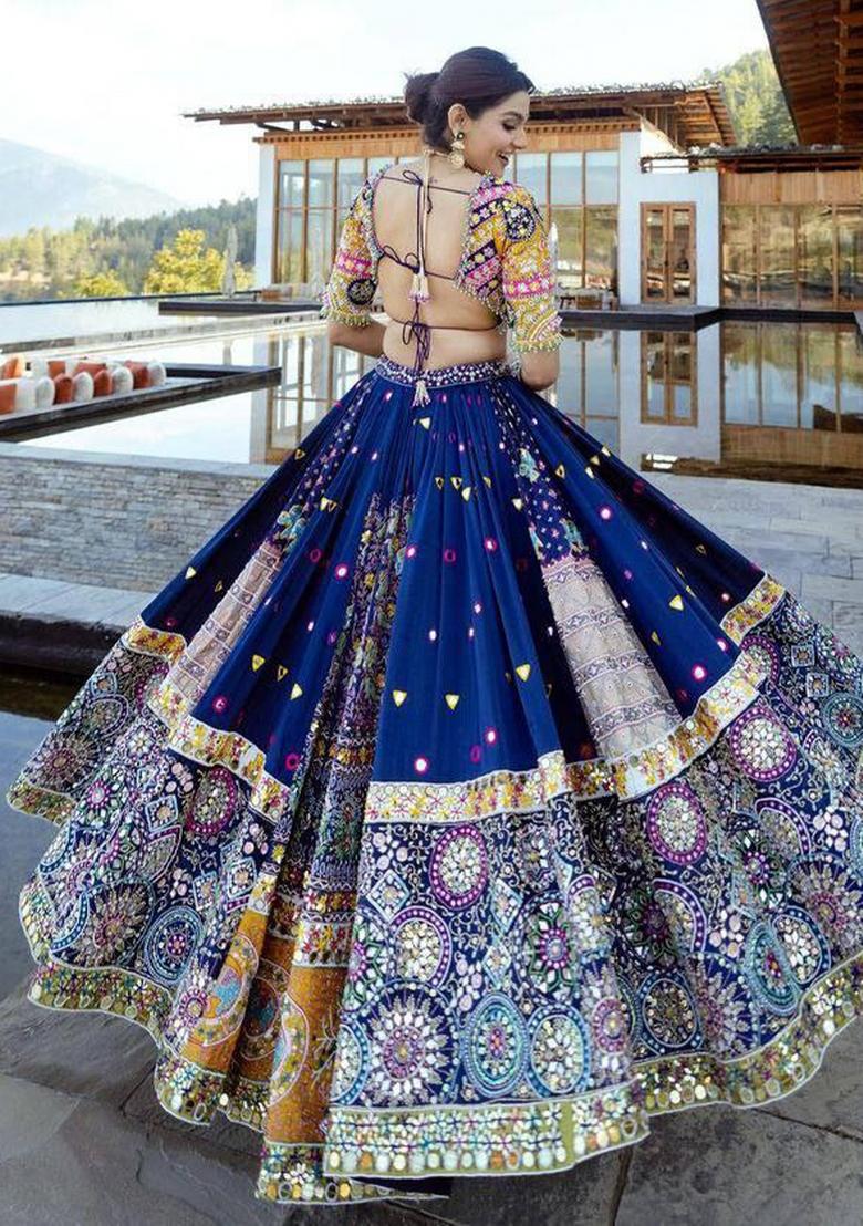 Blue Printed Silk Lehenga Set - Indya
