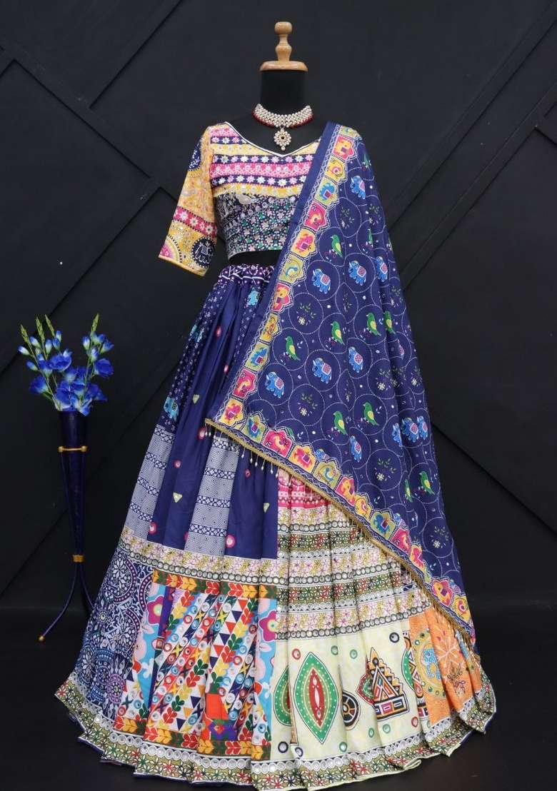 Blue Printed Silk Lehenga Set for Diwali and Festive Wear - Indya