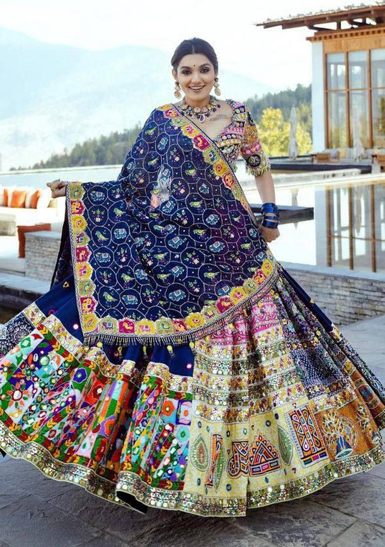 Blue Printed Silk Lehenga Set - Indya