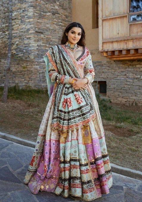 Multicolor Printed Silk Lehenga Set