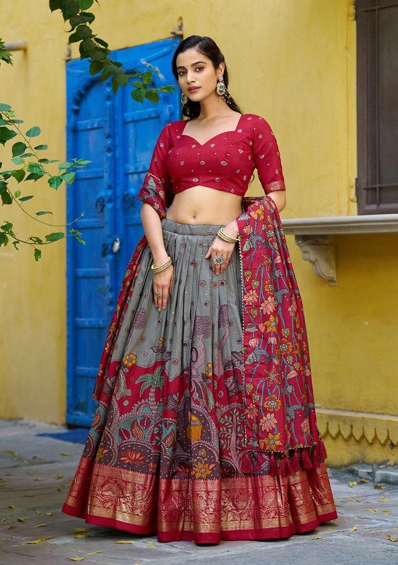 Sea Green Printed Silk Lehenga Set - Indya