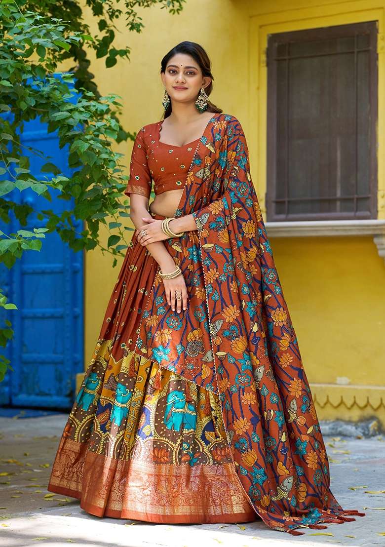 Rose Printed Silk Lehenga Set - Indya