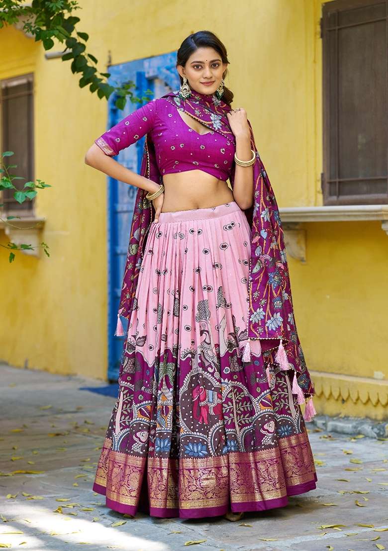 Light Pink Silk Lehenga Set with Printed for Diwali | Wedding & Festive Wear - Indya