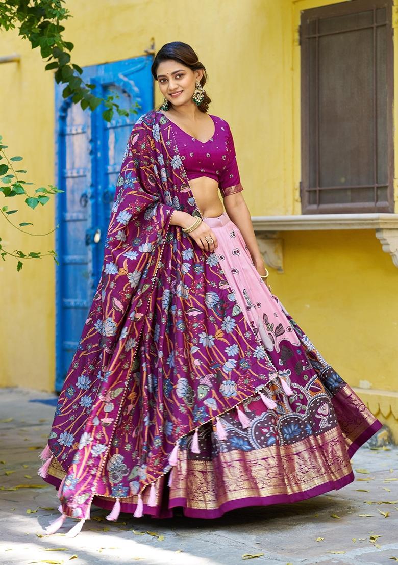 Light Pink Printed Silk Lehenga Set - Indya