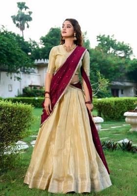 Cream Zari Work Kanchipuram Lehenga Set