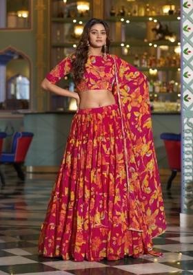Pink Floral Print Marble Lehenga Set